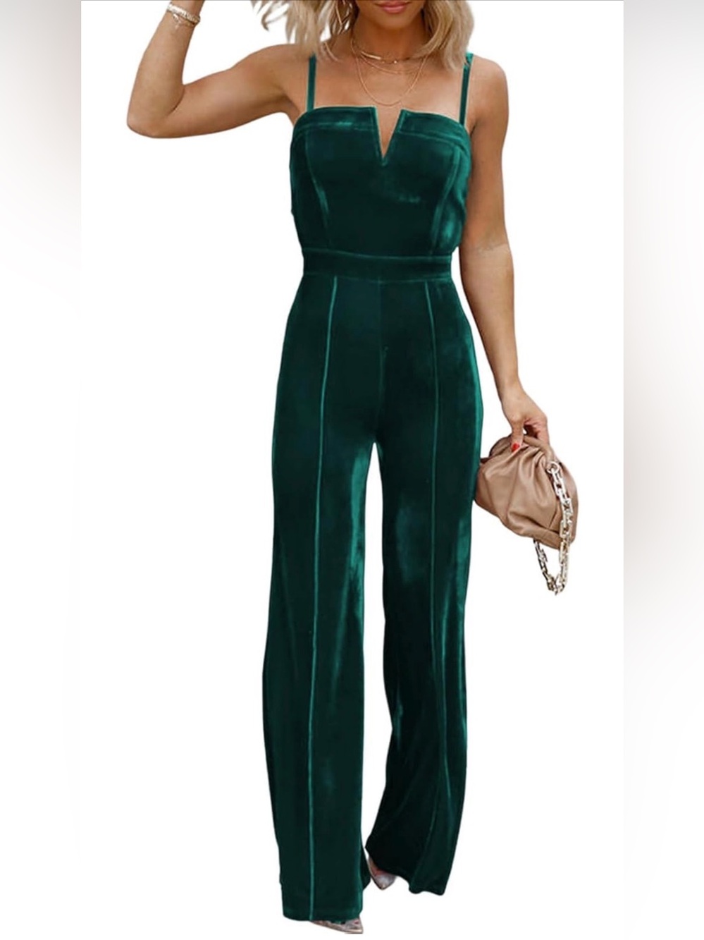 Emerald Green Velvet Wide Leg Jumpsuit | Adjustable Straps | Size M | Never Worn